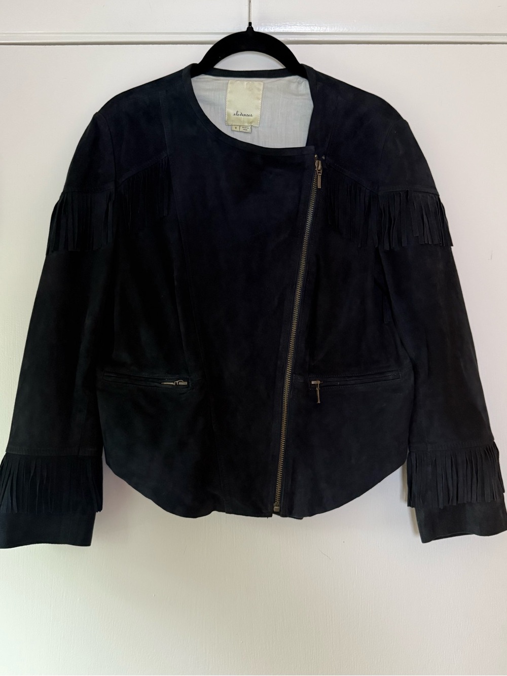 Elevenses Anthropologie Suede Leather Jacket Fringe Cropped Bikercore Boho Chic